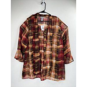 NWT Catherines Womens 2X 24/26X Sheer Plaid 3/4 Sleeve Blouse Top Red Metallic